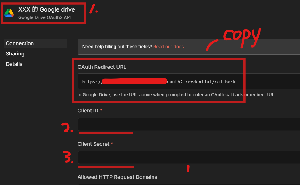 n8n 的 Google Drive OAuth2 憑證頁面，標出名稱欄位、OAuth Redirect URL、Client ID、Client Secret 位置