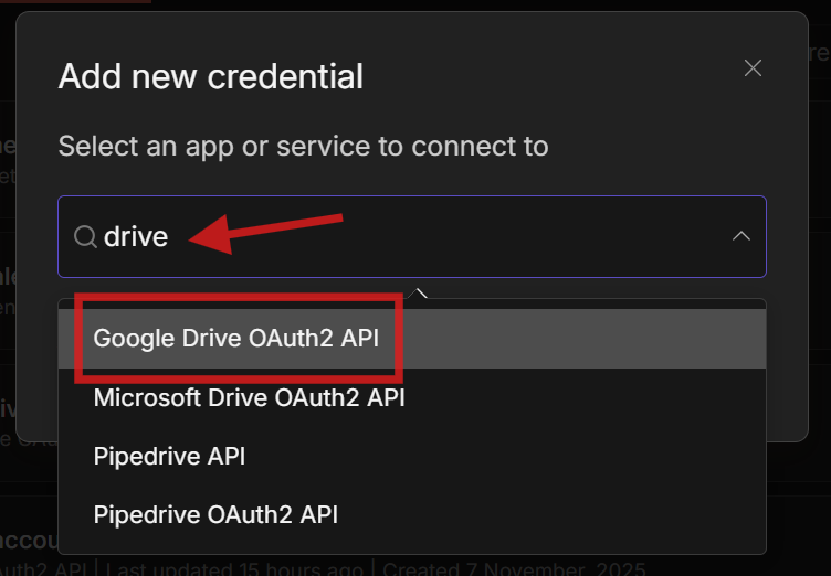 n8n Add new credential 視窗搜尋 drive，選 Google Drive OAuth2 API