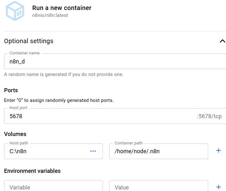 Run a new container 對話框中填好 n8n_d、5678、C:\n8n 與 /home/node/.n8n