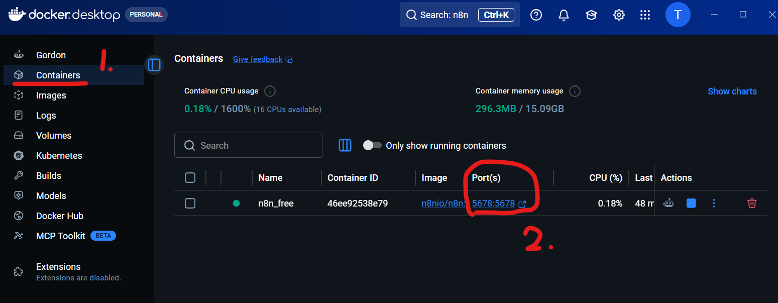 Docker Desktop Containers 頁面，左邊紅圈標 Containers 選單，中間紅圈標 Port(s) 欄的 5678:5678 連結