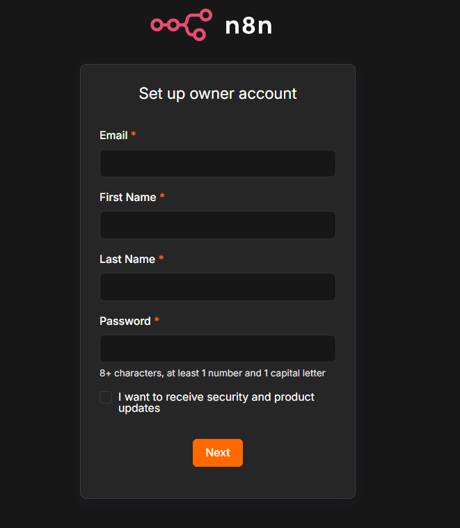 瀏覽器打開 n8n 後的 Set up owner account 設定帳號畫面