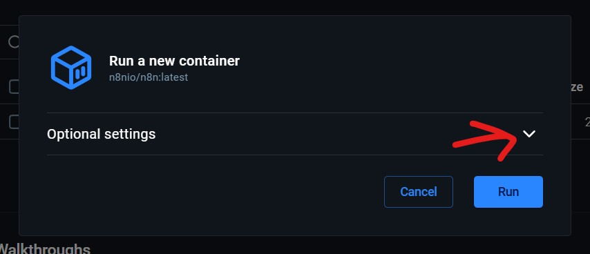 Run a new container 視窗中的 Optional settings 展開箭頭