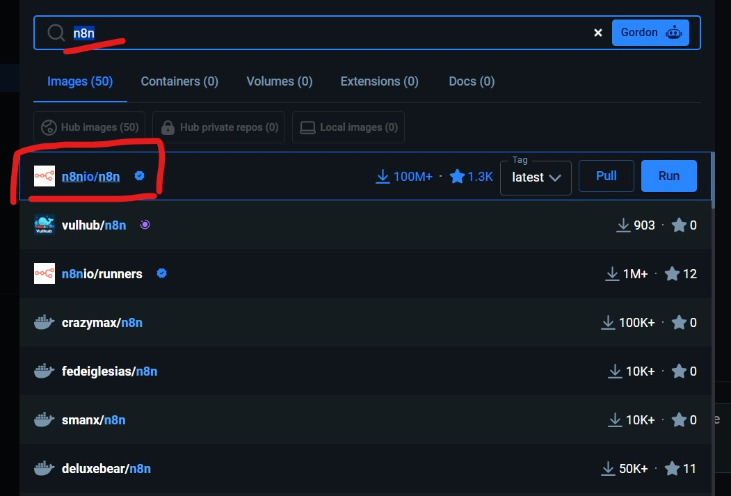 在 Docker 搜尋 n8n，第一個結果是 n8nio/n8n 官方版本