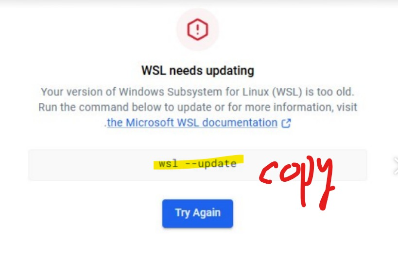 Docker 跳出 WSL needs updating 提示視窗，畫面中央有 wsl --update 指令