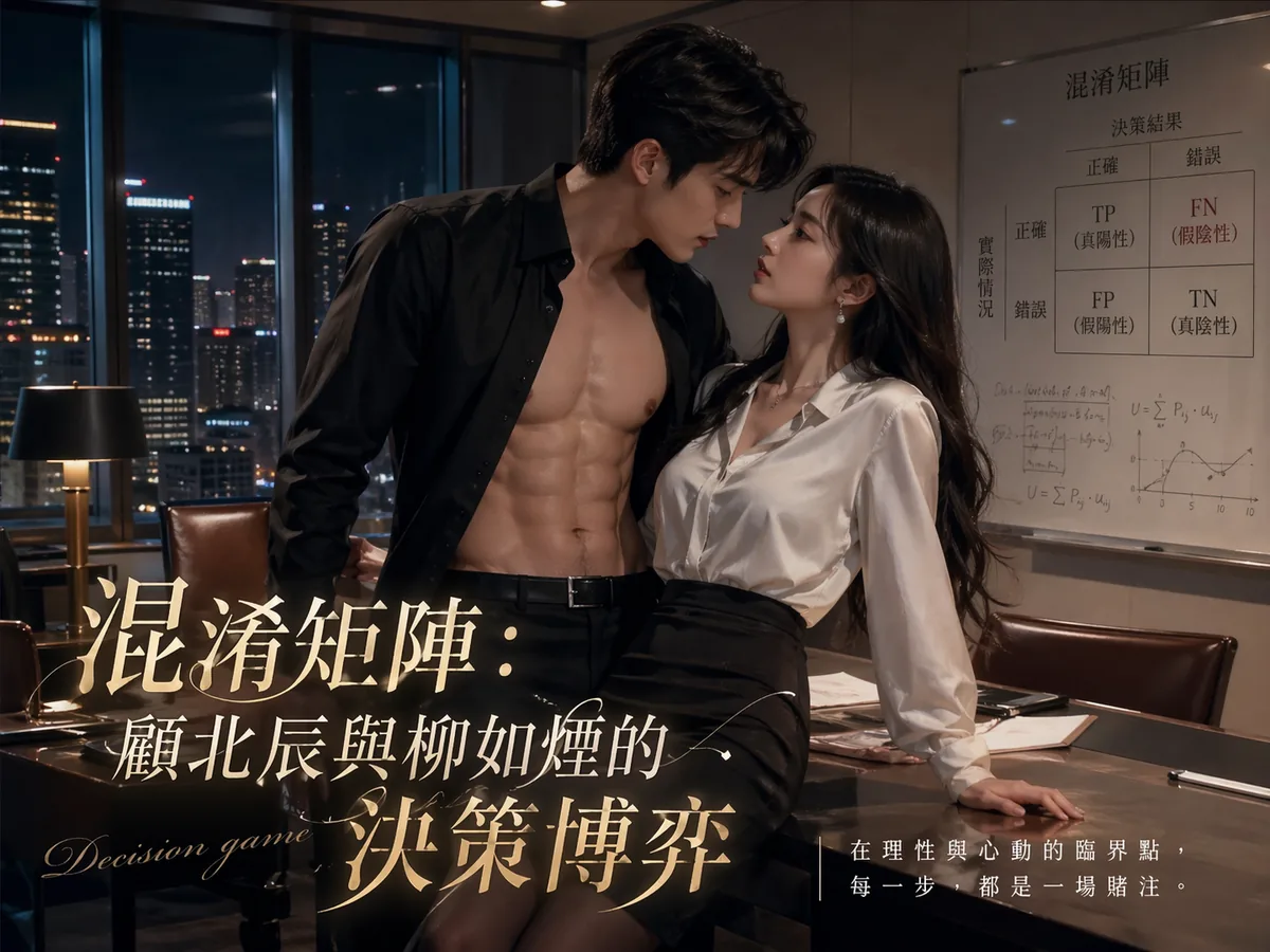混淆矩陣封面：顧北辰把柳如煙抵在白板前，背景是手寫的 TP、FP、FN、TN 四象限