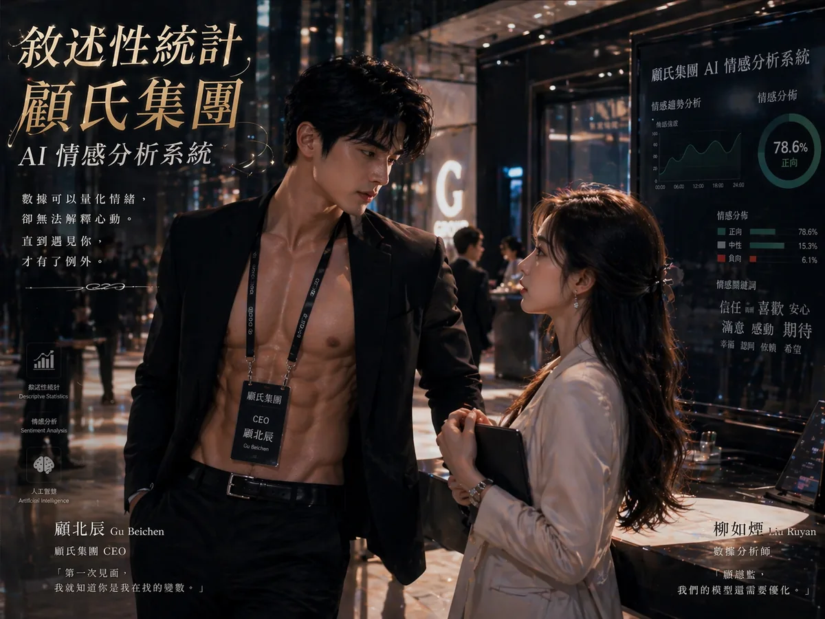 敘述性統計封面：顧北辰與柳如煙在 AI 情感分析介面前對望